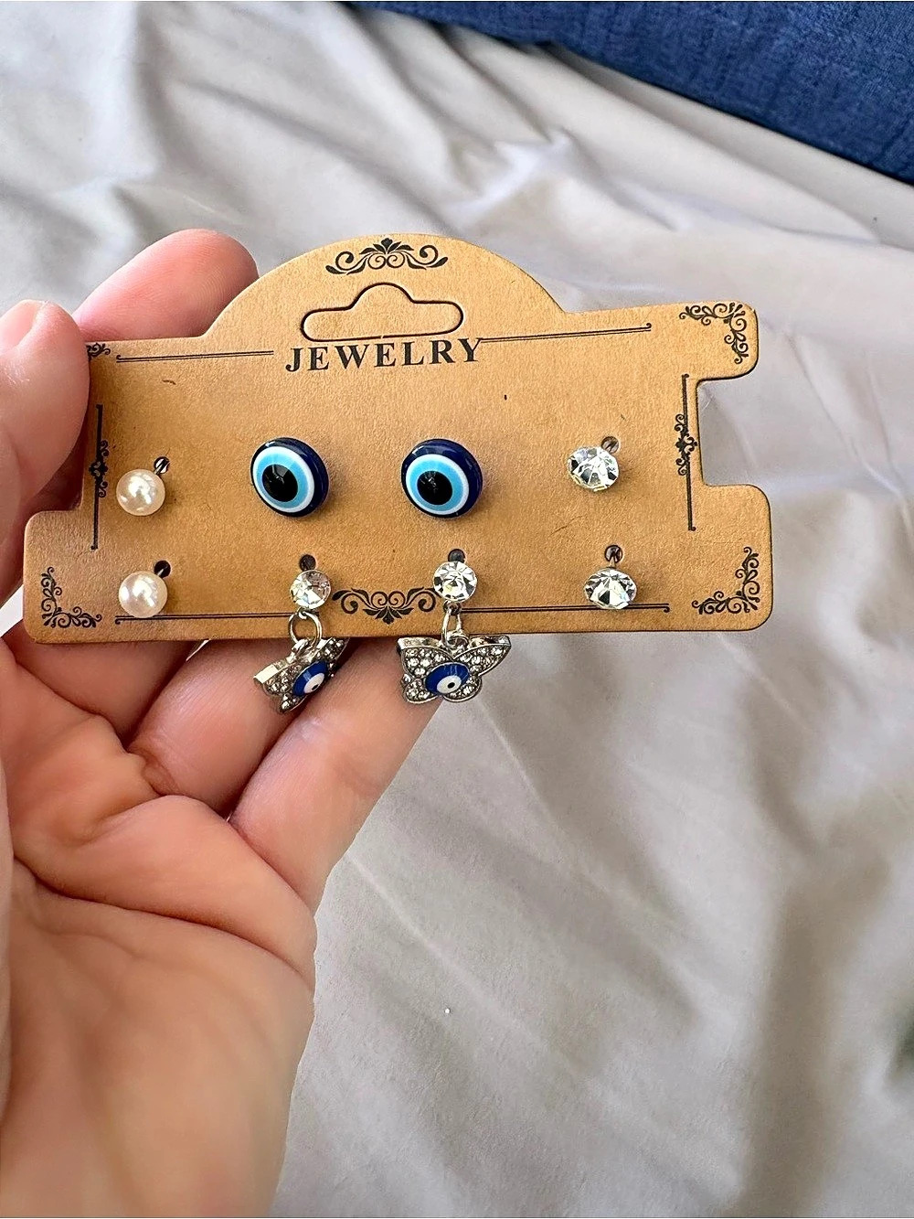 NWT 4 Pair Evil Eye Earring Set Pearl Crystal Butterfly Stud Drop
